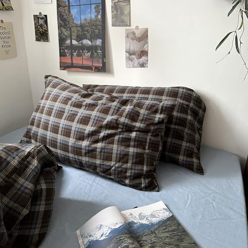 mixinni Vintage Buffalo Plaid Duvet Cover Set California King, 3 Piece Washed Cotton Bedding Set with Grid Pattern, Soft & Breathable Duvet Cover with Pillowcases for All Seasons,(Brown & Blue,Beige)
