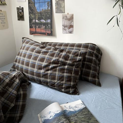 mixinni Vintage Buffalo Plaid Duvet Cover Set California King, 3 Piece Washed Cotton Bedding Set with Grid Pattern, Soft & Breathable Duvet Cover with Pillowcases for All Seasons,(Brown & Blue,Beige)