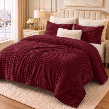 CozyLux Fleece King Size Comforter Set, 3 Piece Warm Dark Red Bedding