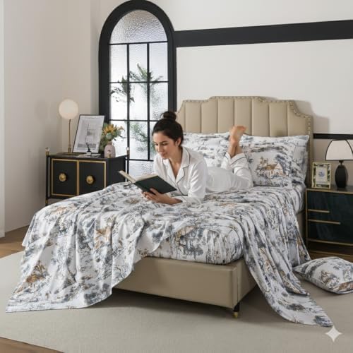 FADFAY Toile Sheets Set Queen 100% Egyptian Cotton French Country Toile de Jouy Bedding Classic Black and Gold Floral Bed Sheets Shabby Farmhouse Bedding Breathable Soft Deep Pocket 4Pcs, Queen Size