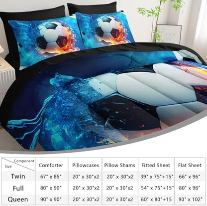 AILONEN Kids Soccer Comforter Set Queen Size,7-Piece Soft Bed in a Bag,Ice and Fire Sport Boys Soccer Comforter & Fitted Sheet with Flat Sheet & 2 Pillowcases,2 Pillow Shams for Bedroom