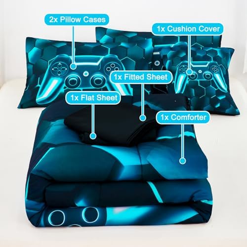 URBONUR 6 Pieces Gamer Comforter Set Twin Size for Teen Boys Blue Teal