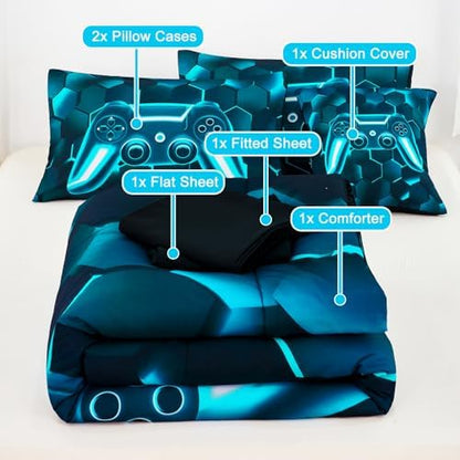 URBONUR 6 Pieces Gamer Comforter Set Twin Size for Teen Boys Blue Teal