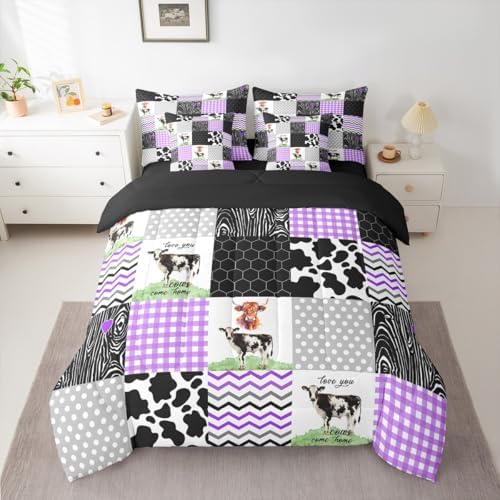 Erosebridal Kawaii Highland Cow 7 Pcs Comforter Set King Size,Cute Cattle Print Bedding,Farm Animals Bed Sheet with Pillowcase & Sham Honeycomb Plaid Pattern Geometric Stripes
