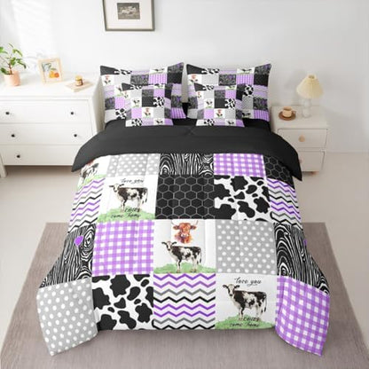 Erosebridal Kawaii Highland Cow 7 Pcs Comforter Set King Size,Cute Cattle Print Bedding,Farm Animals Bed Sheet with Pillowcase & Sham Honeycomb Plaid Pattern Geometric Stripes