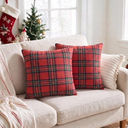 AVOIN colorlife Christmas Red Green Plaid Decorative Throw Pillow Covers, 16 x 16 Inch Holiday Scottish Tartan Cushion Case Farmhouse Decoration for Sofa Couch Set of 2