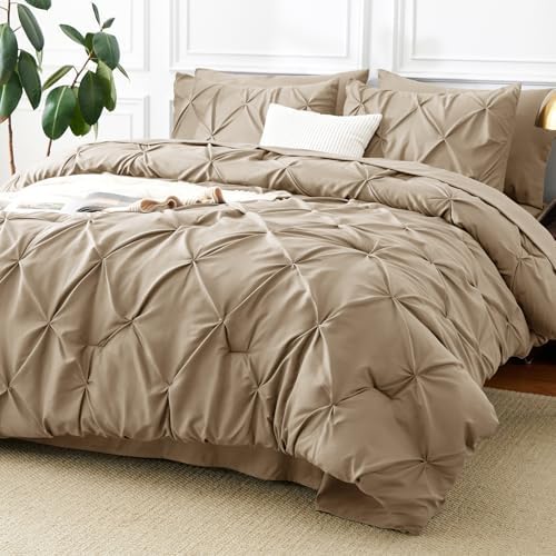 CozyLux Queen Comforter Set Taupe, 7 Pieces Pintuck Bed in a Bag