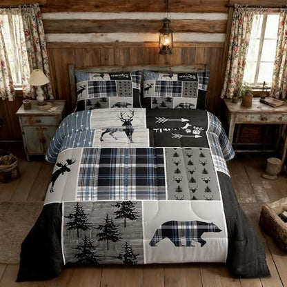Rustic Adventure Kids Comforter Set Twin Size,Deer Bear Pine Trees Xmas Bedding Set for Boys Girls Adults Room Decor,Plaids Arrows Wooden Patchwork Down Comforter,Blue Duvet Insert,1 Pillowcase