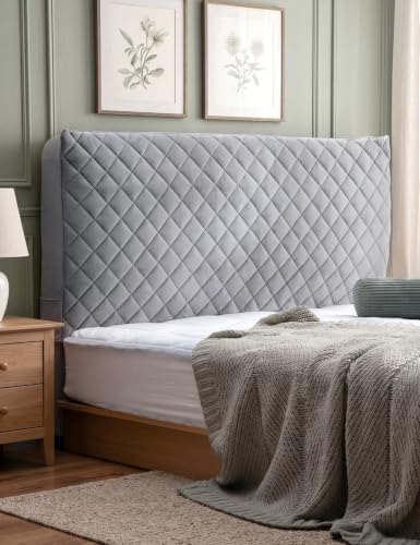 Velvet Bed Headboard Cover Slipcover - Stretch Quilted & Thicken Dustproof Protector for Queen/King, Washable Decorative Headboard Cover for Bedroom (LightGray, 75x27.5 inch)