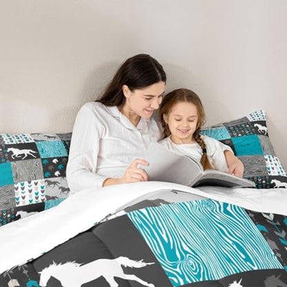 Horse Comforter Set Queen Size Patchwork Teal Unicorn Bedding Set For Kids Boys Girls Black Gray Wild Horses Wood Grain Down Comforter Geometric Lattice Arrow Grid Animal Room Decor Duvet Set