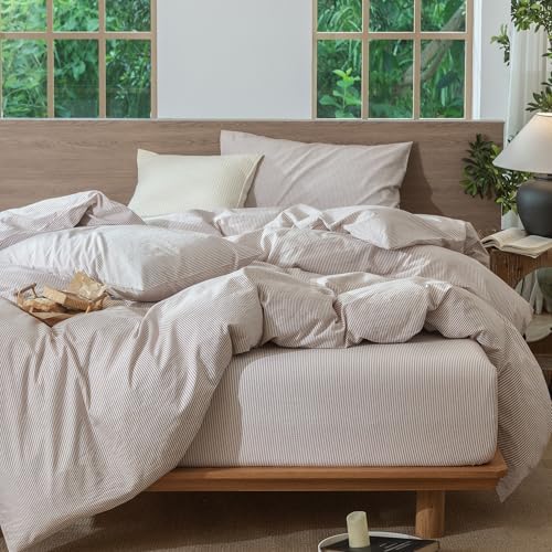 MooMee Striped Duvet Cover Set 100% Washed Cotton Linen Like Super Queen