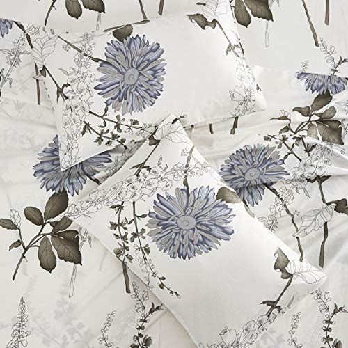 Wake In Cloud - Floral Bed Sheets, 100% Cotton, 4-Piece Sheet Set, Vintage Flower Botanical Shabby Chic Coquette Cottage Aesthetic Bedding, Deep Pocket, Gray Beige, California King Size