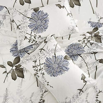 Wake In Cloud - Floral Bed Sheets, 100% Cotton, 4-Piece Sheet Set, Vintage Flower Botanical Shabby Chic Coquette Cottage Aesthetic Bedding, Deep Pocket, Gray Beige, California King Size