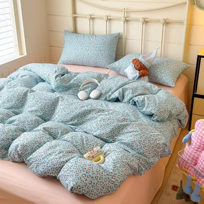 VM VOUGEMARKET Leopard Duvet Cover Set Queen,Light Blue Pink,Muslin Cotton