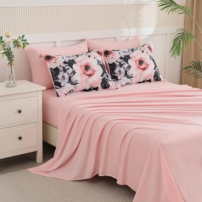 Yogeneg Queen Comforter Set 7 Piece Bed in a Bag,Pink Black Floral Botanical Pattern Blush Bedding Set,Soft Microfiber Comforter with Sheet Set,All Season Bed Set(Pink Black,Queen)