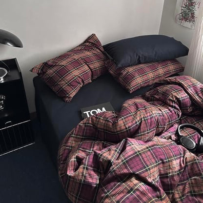 mixinni Vintage Burgundy Buffalo Plaid Comforter Cover Set King Size - 3 Piece Mid-Century Modern Washed Cotton Bedding, Soft Breathable Grid Duvet Cover with Matching Pillowcases for All-Season