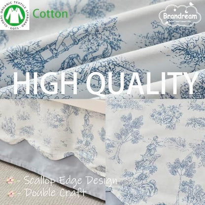 Brandream Scallop Edge Organic Cotton Crib Skirt, Baby Girl, Gender Neutral Crib Skirt Toddler Bedskirt French Country Toile Farmhouse Chic Nursery Crib Bed Skirt 2-Tiered with Solid Blue Skirt