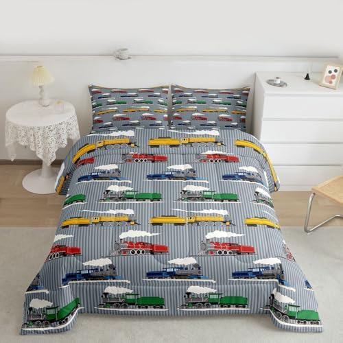 Feelyou Vintage Train Comforter Set King Size Retro Steam Engine Train Bedding Set for Kids Boys Girls Transport Vehicle Duvet Quilt Bedroom Decor Microfiber 3 Pcs with 2 Pillow Cases
