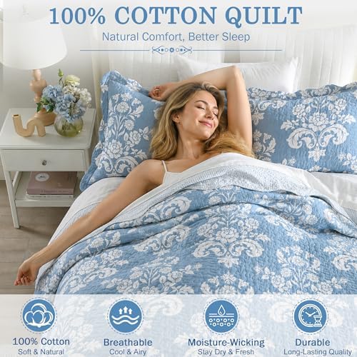 Queen Size Quilt Set - Blue and White Floral Quilt with Shams