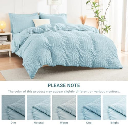 HYMOKEGE Lake Blue Queen Comforter Set Seersucker 7 Pieces, All Season Luxury Bed in a Bag for Bedroom, Bedding Set with Comforters, Sheets, Pillowcases & Shams