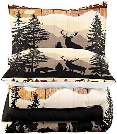 LUVIVIHOME 3PCS Black Bear Deer Comforter Set, Brown Comforter Set Queen, Pine Tree Woodland Forest Animal Elk Moose Wildlife Hunting Cabin Lodge Country Rustic Farmhouse Bedding Quilt, 2 Pillow Shams