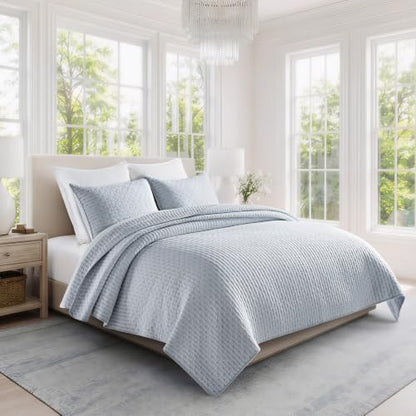 EVERGRACE 100% Cotton Cross Stitch 3-Piece Quilt Set, King, Powder Blue
