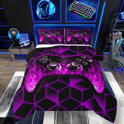 Purple Game Console Comforter Set - Neon Geometric Gamer Bedding, 3D Geometric Boys Comforter Set with Flame Gaming Consoles Decor