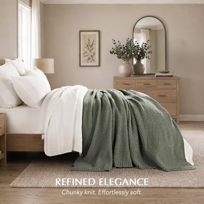 EVERGRACEHOME Chunky Chenille Knit Throw Blanket, 108x92, Dried Thyme Green