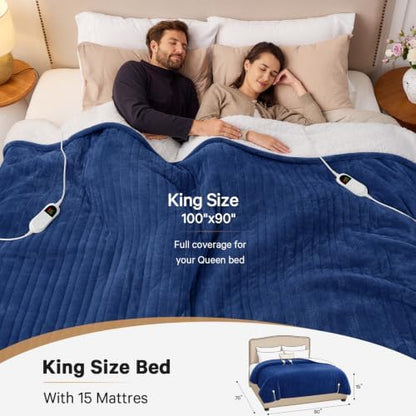 Heated Electric Blanket King Size, Dual Control 90" x 100",Navy Blue