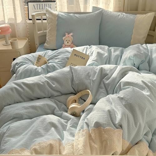 LifeTB Blue Gingham Comforter Set King Romantic Lace Bedding Comforter with 2 Pillowcases Vintage Plaid Checkered Comforter Farmhouse Grid Bedding Set Blue Plaid Comforter Set for All Seasons