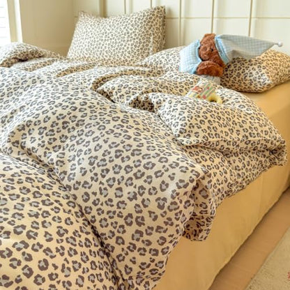 mixinni Muted Retro Leopard Print Duvet Cover Set Queen Size, 3PCS Cute Sexy Cheetah Bedding, 100% Cotton Double Gauze Soft Aesthetic Cream Vintage Bedding Set with 2 Pillowcases for Girls Women
