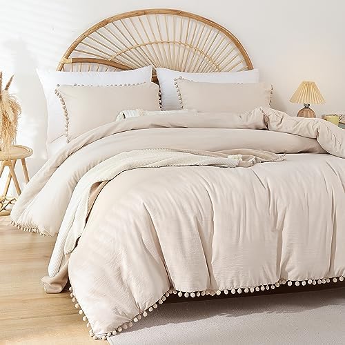 YIRDDEO Twin Comforter Set, Beige Ball Pom Fringe Bedding Set 2 Pieces