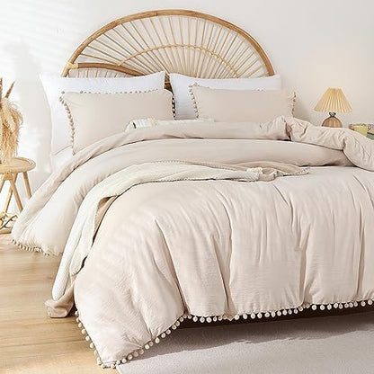 YIRDDEO Twin Comforter Set, Beige Ball Pom Fringe Bedding Set 2 Pieces