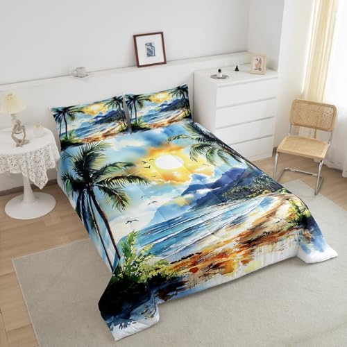 Homewish Tropical Beach Ocean Comforter Set King Size,Coconut Tree Bedding Set 3Pcs for Kids Girls Boys Teens Room Decor,Watercolor Coastal Quilt Set Blue Vintage Romantic Duvet Insert,2 Pillowcases