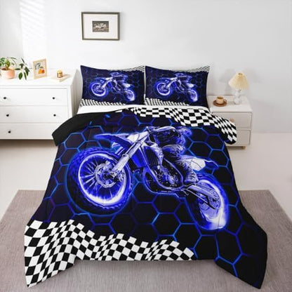 Feelyou Racing Motocross Rider Kids Bedding Set,Boys Girls Toddler Size,Dirt Bike Comforter Set,Extreme Sports Ultra Soft Duvet Quilt,Colorful Modern Comforter Honeycomb Flag Print Bedroom Decor