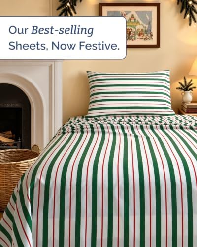Christmas Sheet Set, Cabana Stripe, Holiday Xmas Bedding Set - Twin Size