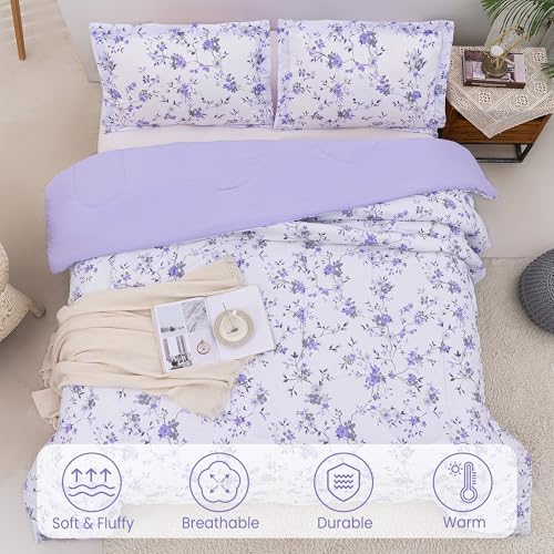Mooreeke Floral King Size Comforter Sets, Lightweight Purple Lavender Botanical Printed Bedding for All Seasons, 3-Piece Vintage Bed in a Bag with Fluffy Quilted Reversible Comforter & 2 Pillow Shams