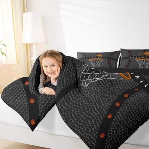 Boys Sports Basketball Twin Size Comforter Set,Kids Ball Games Decor All Season Bedding Set,Teens Basketball Comforter,Children Orange and Gray Decor Quilt Set Bedroom Collection 2Pcs