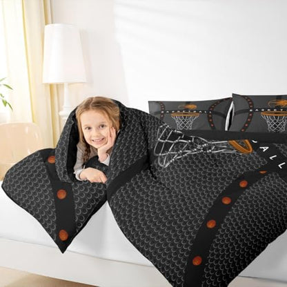 Boys Sports Basketball Twin Size Comforter Set,Kids Ball Games Decor All Season Bedding Set,Teens Basketball Comforter,Children Orange and Gray Decor Quilt Set Bedroom Collection 2Pcs