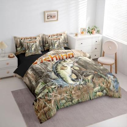 Erosebridal Pike Fish Queen Comforter Set with Sheets 7 Piece Hunting and Fishing Bed in A Bag Vintage Rustic Animal Bedding Sets for Kids Adults Country Wildlife Bed Set