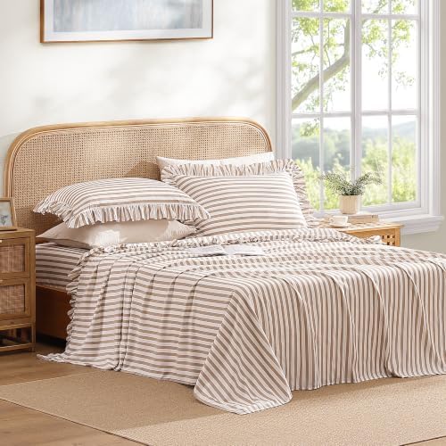 ROSE&RISY King Ruffle Sheet Set 4 Piece - Linen Grey Stripe Soft Lightweight Microfiber Bedding with Deep Pocket, Breathable Ruffled Flat Sheet & Pillowcases (Linen Grey Stripe Ruffle,King)