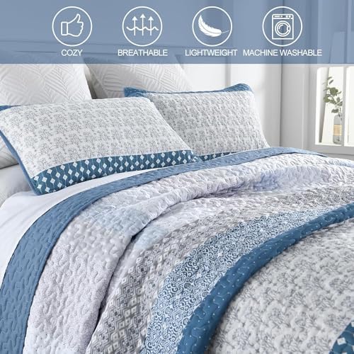 WONGS BEDDING Blue Full Size Quilt Set, Bohemian Striped Bedspreads