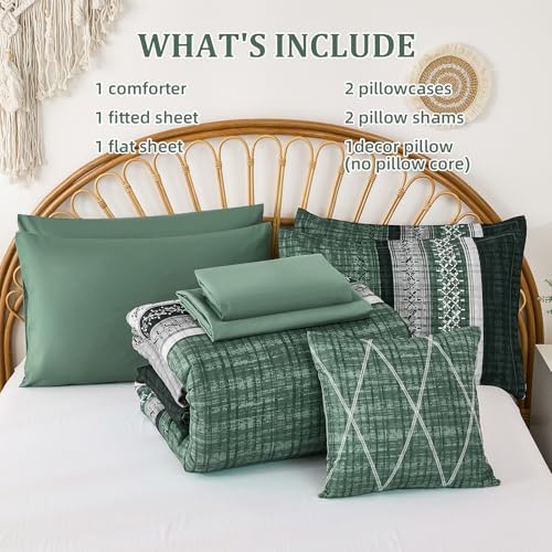 Dintszyayue Green Comforter Set Queen Size, 8 Pieces Boho Striped Bed in a Bag Soft Microfiber Bedding Set for All Season