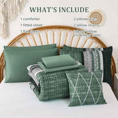 Dintszyayue Green Comforter Set Queen Size, 8 Pieces Boho Striped Bed in a Bag Soft Microfiber Bedding Set for All Season