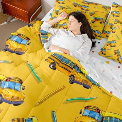 Erosebridal School Bus Comforter Set with Sheets Full for Home, School Truck Bed in A Bag for Kids Boys Girls Teens Bedroom Decor, Cartoon Car Theme 7 Pcs Bedding Set, Yellow Bed Sets