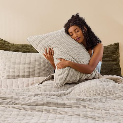 Wonderful Corduroy Texture Beige Quilt Set Queen - Hypoallergenic Skin-Friendly Soft Plush Velvety Touch Bedspread, Classic Vertical Striped Lightweight Coverlet for All Season, 94"x94"