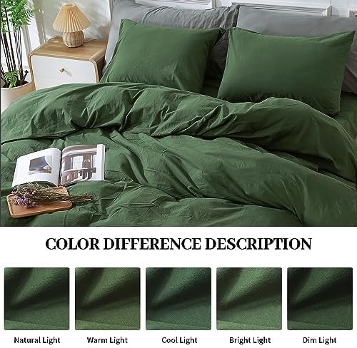 NEXHOME PRO Duvet Cover Set Oversized Queen 98"x98" Linen Look Textured Organic Natural 100% Washed Cotton Duvet Cover 3 Pieces Bedding Set Zipper Closure, Breathable, Forest Green (No Comforter)