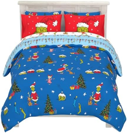 Grinch By Dr. Seuss Holiday & Christmas Bedding Super Soft Comforter and Sheet Set with Sham, 7 Piece Queen Size (Official Dr. Seuss Product) By Franco