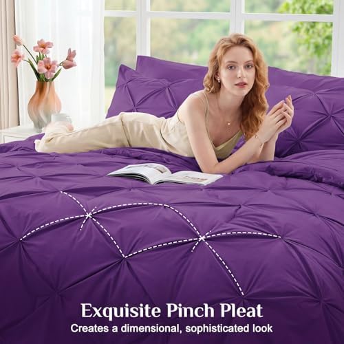 JOLLYVOGUE Twin Comforter Set 5 Pieces - Bed in a Bag Twin for All Season, Pintuck Bedding Comforter Sets with Comforter, Flat Sheet, Fitted Sheet and Pillowcases & Shams, Purple
