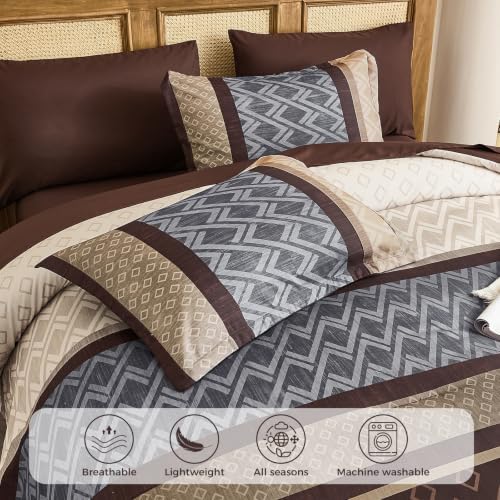 Striped Comforter Set Queen Size,Chocolate Brown Boho Bed in a Bag